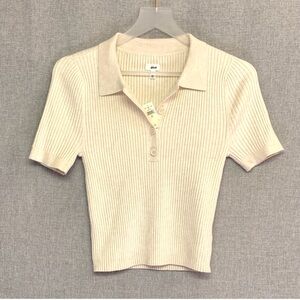 AERIE Ribbed Sweater Cropped Polo T-Shirt Rib Knit LARGE Heather Frost Ivory